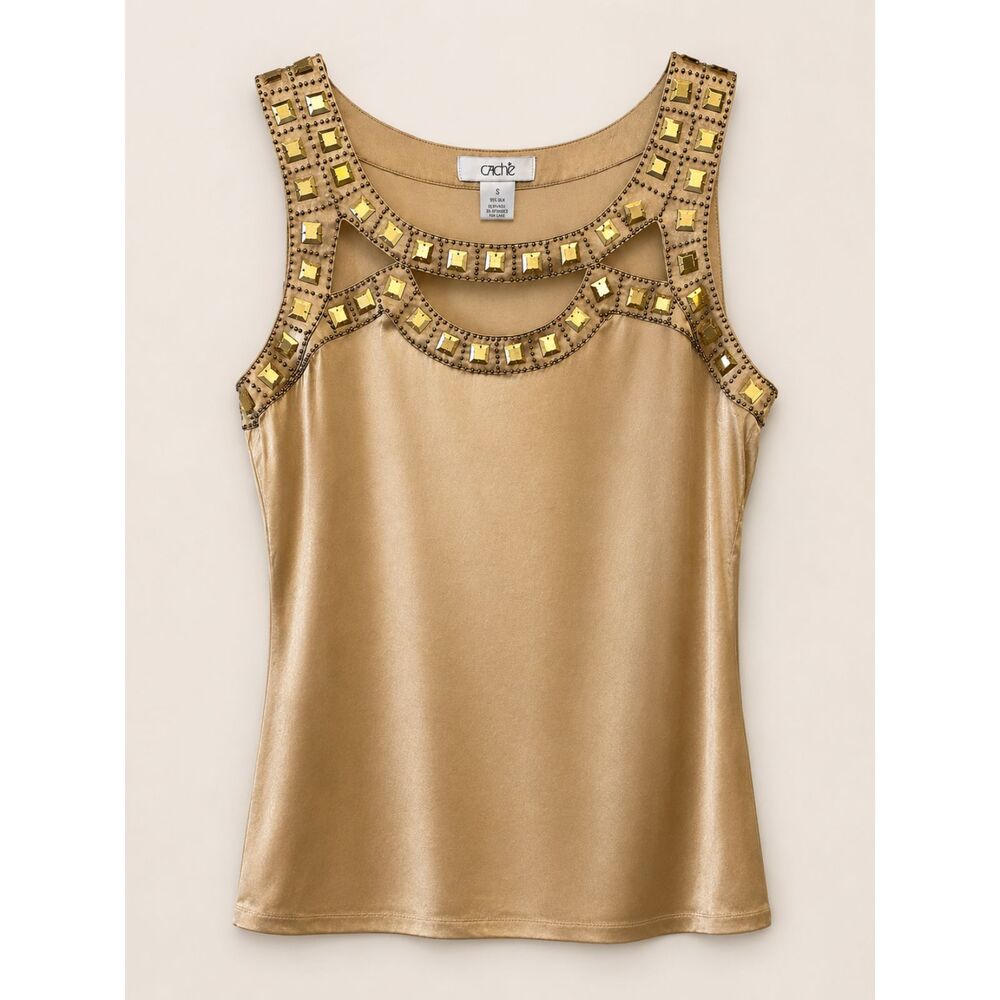 Cache Gold Silk Beaded Embellished Tank Top – Size Small